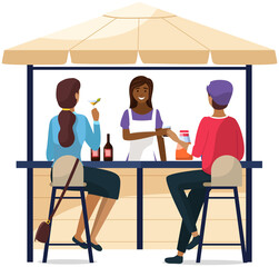 Outdoor bar in form of tent isolated on white background. Bartender making coocktails for friends