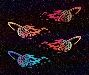 Planets With Rings Flying In The Universe