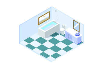 Empty modern bathroom interior with bathtub, shower, and sink. Isometric vector concepts