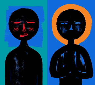 Diptych Portraying A Couple - Stylized Illustration of Two People