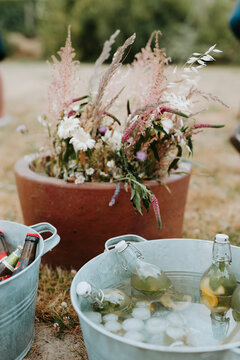 Drinks kept cold in a pewter outdoors