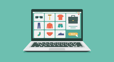 online shopping or digital store on laptop computer concept, men fashion products from e-shop with icons and goods, vector graphic flat design illustration