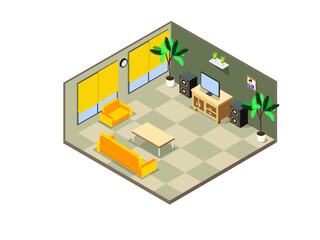 Fototapeta premium Empty modern living room with cozy sofa, table and television. Isometric vector concepts