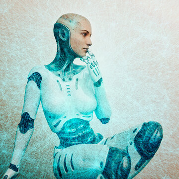 Futuristic cyborg woman with graphic overlay pattern