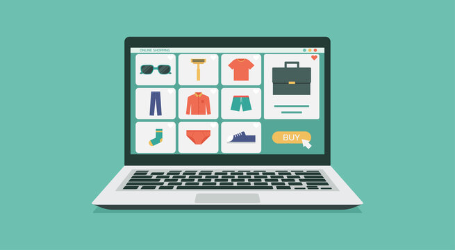 Online Shopping Or Digital Store On Laptop Computer Concept, Men Fashion Products From E-shop With Icons And Goods, Vector Graphic Flat Design Illustration