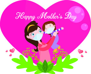 Mother's Day Vector concepts: Happy mother and her daughter celebrating mother's day inside heart frame symbol while wearing face mask