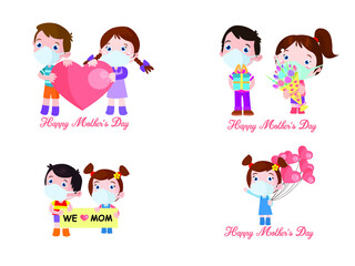 Mother's Day Vector concepts: Cute children cartoon character celebrating mother's day while wearing face mask and holding surprise gift to their mother