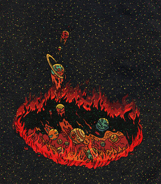 Planets Jumping Out Of Circle Of Fire And Lava