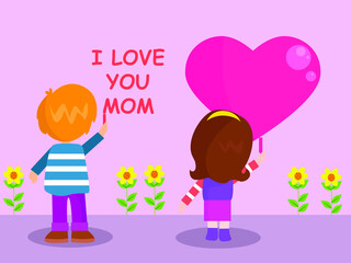 Mother's Day Vector concepts: Back view of children cartoon celebrating mother's day by drawing heart symbol and writing i love you mom text on the wall