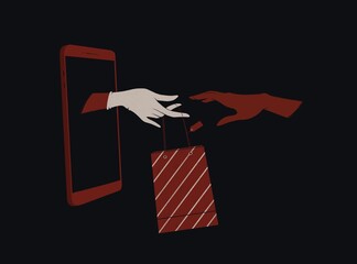 illustration of fast and safe delivery concept. Online shopping and instant delivery. The hand will take over the purchase from the phone display. Bayer delivers the package to the buyer.