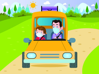 Family road trip vector concepts: Father and son traveling by car while wearing face mask during summer time