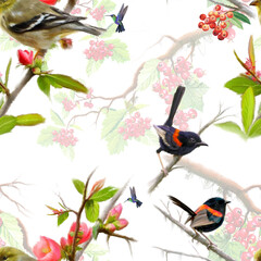 Birds on berry branch seamless pattern on white background