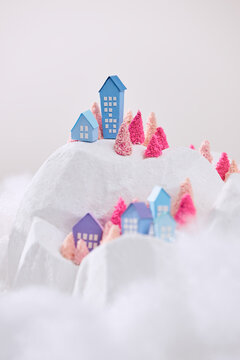 winter village houses mountains hills landscape background