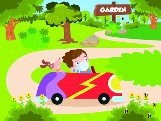 Playing a car vector concepts: Little boy cartoon and his dog riding a car at the park while wearing face mask