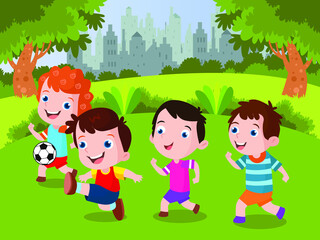 Obraz na płótnie Canvas Cute little boy cartoon playing soccer at the park during summer day