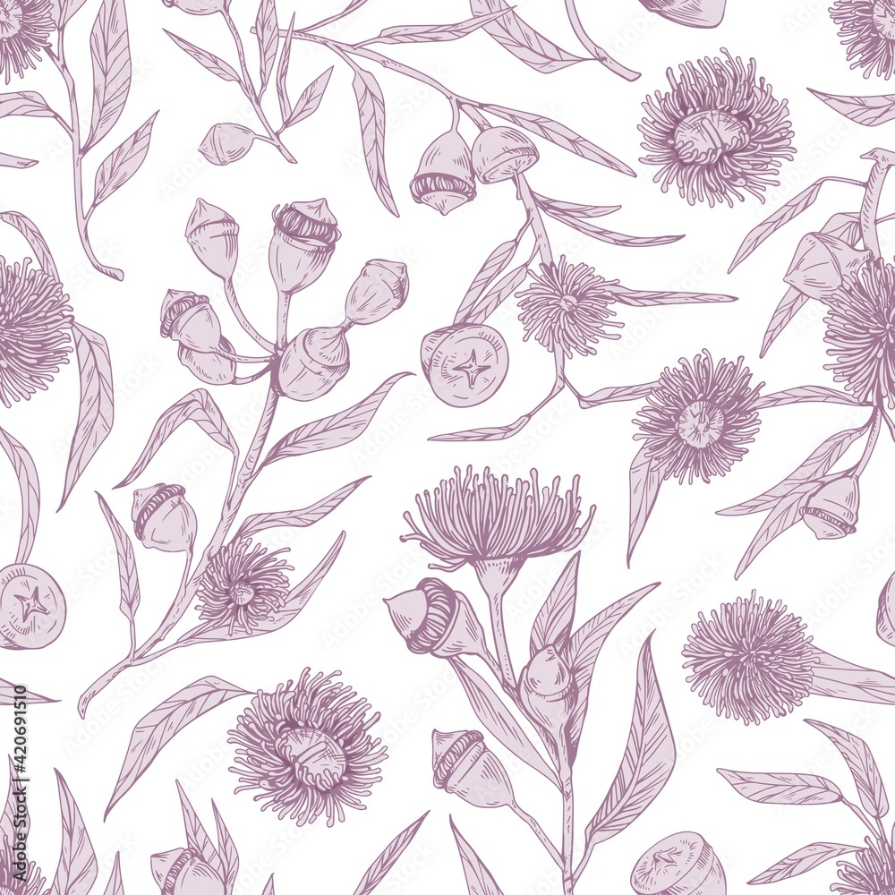 Aufkleber seamless botanical pattern with elegant blooming flowers of eucalyptus on white background. endless 