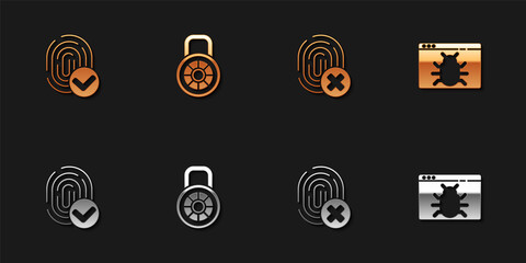Set Fingerprint, Safe combination lock, Cancelled fingerprint and System bug icon. Vector