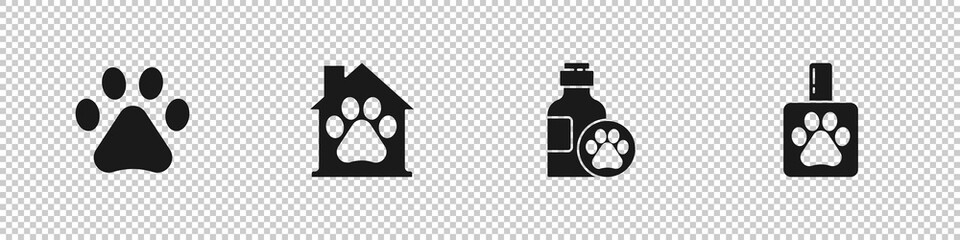 Set Paw print, Pet house, shampoo and icon. Vector