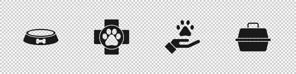 Set Pet food bowl, Veterinary clinic, Hands with animals footprint and carry case icon. Vector