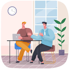 Business characters working in office workplace. Meeting teamwork, collaboration and discussion