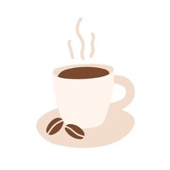 Morning coffee cup with hot freshly brewed espresso or americano. Mug of aromatic caffeine drink with steam, saucer and beans. Simple flat vector illustration isolated on white background