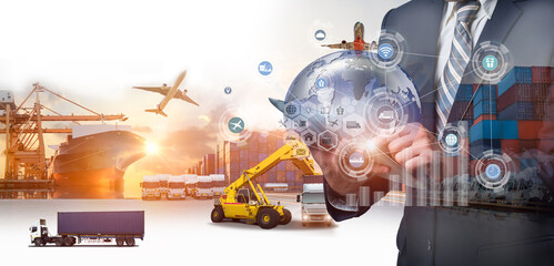 Multiple exposures of Businessman touching tablet for analyze stock at logistics port and world map with logistic network distribution on background, transportation trading business concept,