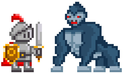 Pixel knight battling with huge monkey. Warrior holding shield and sword fighting against gorilla © robu_s