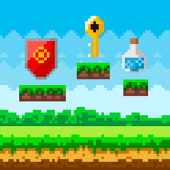 Pixel art game background with reward object in air. Pixel-game scene with valuable award for player