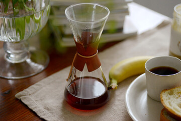 Fresh hand-made coffee on the table, in a Japanese-style home atmosphere