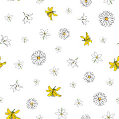 Vector white background white yellow lemony floral seamless pattern. Daisies, Lilies, Crocus. Seamless pattern background