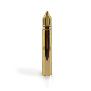 Gold Cosmetics Bottle With Gold Cap On White Background.