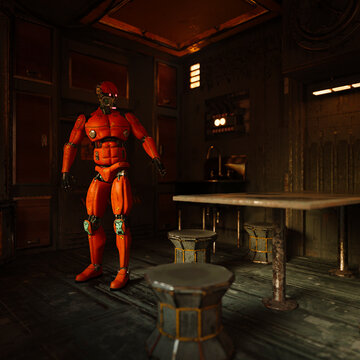 Orange robot in futuristic room