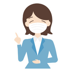 笑顔でおすすめするスーツ・マスク姿の女性