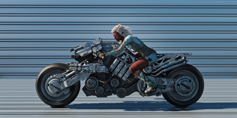 Futuristic motorcycle with female cyborg rider