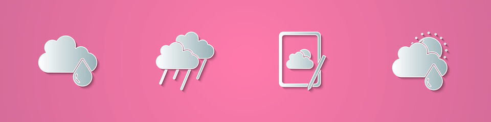 Set paper cut Cloud with rain, , Weather forecast and and sun icon. Paper art style. Vector