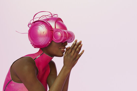 Woman in pink with VR virtual reality helmet