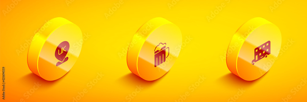 Sticker set isometric location england, wooden beer mug and double decker bus icon. vector