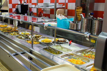 Canteen of public catering. Cafe with a variety of dishes. 