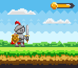 Pixel-game character. Pixelated natural landscape with brave warrior holding shield and sword