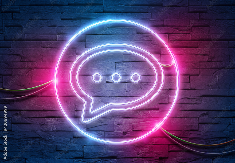 Poster speech bubble neon icon illuminating a brick wall with blue and pink glowing light 3d rendering