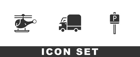 Set Helicopter, Delivery cargo truck and Parking icon. Vector