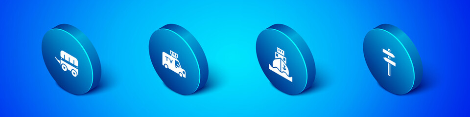 Set Isometric Wild west covered wagon, Cargo ship, Road traffic signpost and TV News car icon. Vector