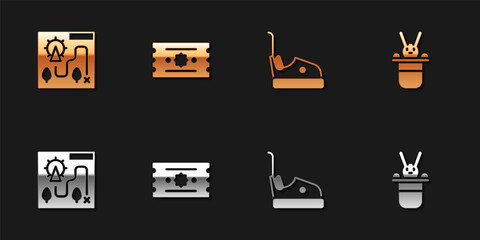 Set Amusement park map, Ticket, Bumper car and Magician hat and rabbit icon. Vector
