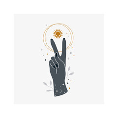 Woman's hand with raised up V-sign.Magic and astrology concept.Vector illustration.