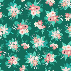 Pink white flower bouquets on green teal turquoise seamless vector pattern. Scandinavian floral background. Flat Scandi vintage style for textile, fashion fabric, wallpaper, surface pattern design.