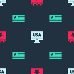 Set Calendar with date July 4, USA on monitor and American flag on seamless pattern. Vector