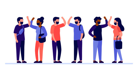 People in protective face masks greeting with elbow bump. Safe hello of to avoid spread of coronavirus. Alternative to handshake and hugging. Vector illustration © Iuliia