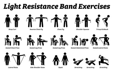 Light resistance band exercises and stretch workout techniques in step by step. Vector illustrations of stretching exercises poses, postures, and methods with resistance band.