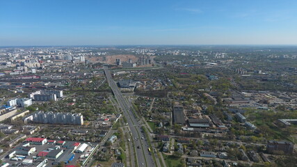 Beautiful aerial presentation of the autonomous cars self-driving concept on multi-level highway in Minsk