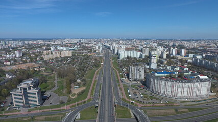 Beautiful aerial presentation of the autonomous cars self-driving concept on multi-level highway in Minsk